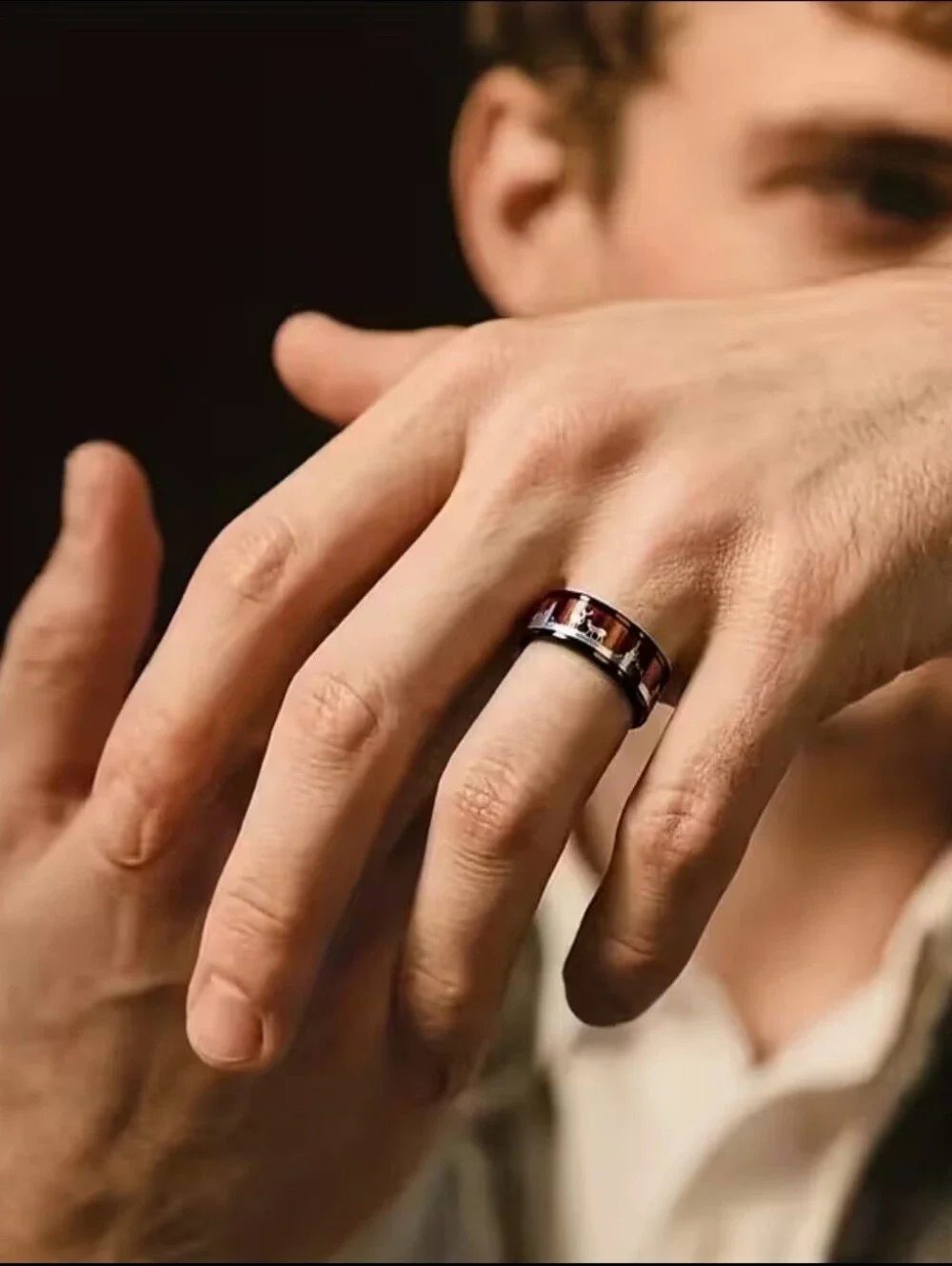 NEW Mens Black Stainless Steel Wedding Band With Wood Inlay, Deer And Tree Scene